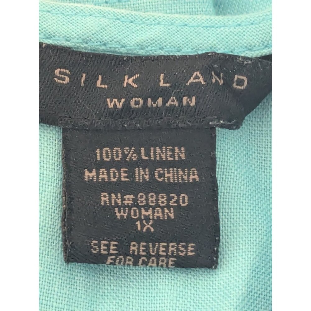 Silk Land Woman 100% Linen Top Tunic Turquoise Crochet Mesh Trim Size 1X-lp43 - Picture 10 of 11
